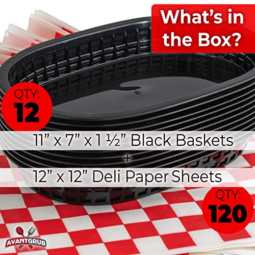 Retro Style Black Fast Food Basket (12Pk) And Red Checkered Deli Liner (120Pk) Combo. Classic 11 In Deli Baskets Are Microwavable And Dishwasher Safe. Disposable Deli Paper Squares For Easy Cleanup #TOP1
