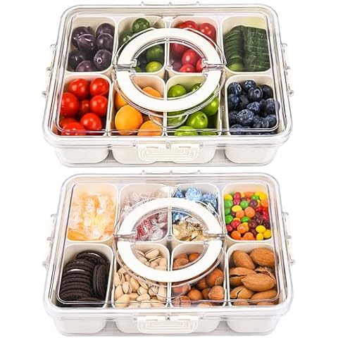 EBUTY 2 pack Divided Serving Tray with Lid and Handle Snack Box Container Portable Snack Platters Clear Organizer for Candy Fruits Nuts Veggies, Ideal for Party, Travel & Picnics Cover