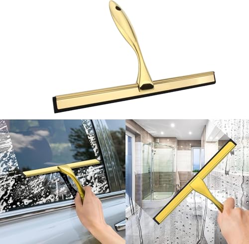 Image of 12 inch Shower Squeegee Stainless Steel Bath Squeegee for Shower Doors Bathroom Cleaner Tool Household Window Mirror Squeegee for Home Cleaning, Glass Door, Tile Wall, Car, Gold