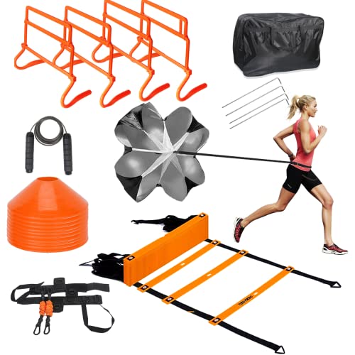 Toco Freido Speed&Agility Training Set – 20Ft Agility Ladder Set With 12 Rungs, 4 Adjustable Training Hurdle, 12 Disc Cones, 2 Resistance Bands, 1 Running Parachute And Footwork Drills Equipment #TOP28