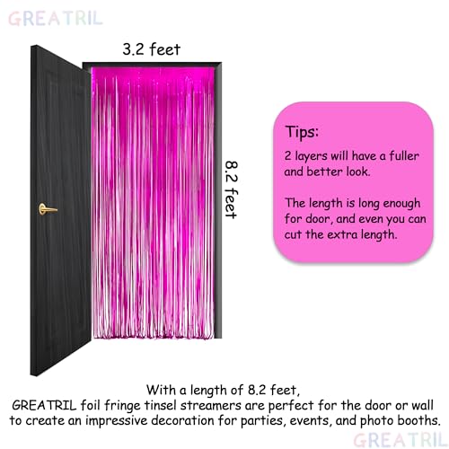 Image of Hot Pink Party Streamers Backdrop - GREATRIL Shiny Fuchsia Tinsel Foil Fringe Curtain for Birthday /Flamingo /Fancy /Galentine /Breast Cancer Awareness Decorations - 3.2ft X 8.2ft - 2 Packs