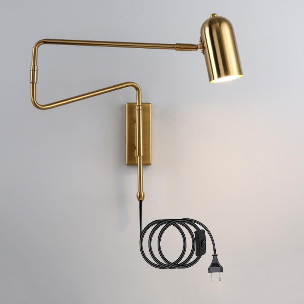 LOGT Vintage Sconces with Switch and Plug Wall Lamp Adjustable Long Arm Swivelling Bedside Lamp E27 Indoor Retro Industrial Reading Lamp Telescopic Arm Light for Bedroom Room,Brass