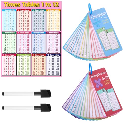 GSrenyu Times Table Multiplication Flash Cards 0-12 Multiplication Chart Division Flashcards With Times Tables Poster 2 Dry Erase Markers and 2 Ring Math Flash Card For Kids