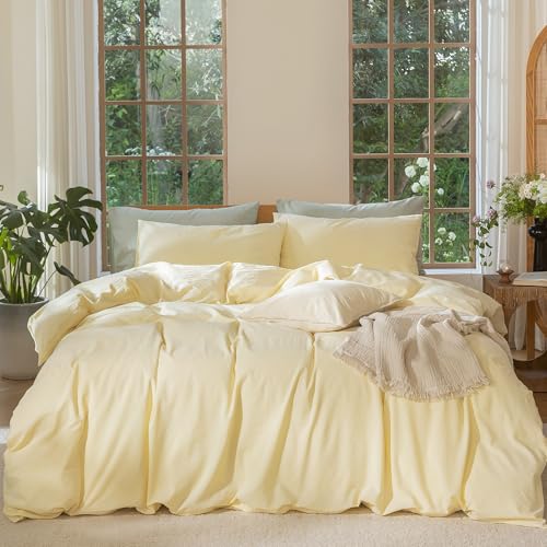 Image of MooMee Duvet Cover Set 100% Washed Cotton Linen Like Queen | Relaxed Linen-like Texture. Soft, Breathable & Long-lasting Comfort. Lightweight. Hidden Zipper with 8 Interior Corner Ties