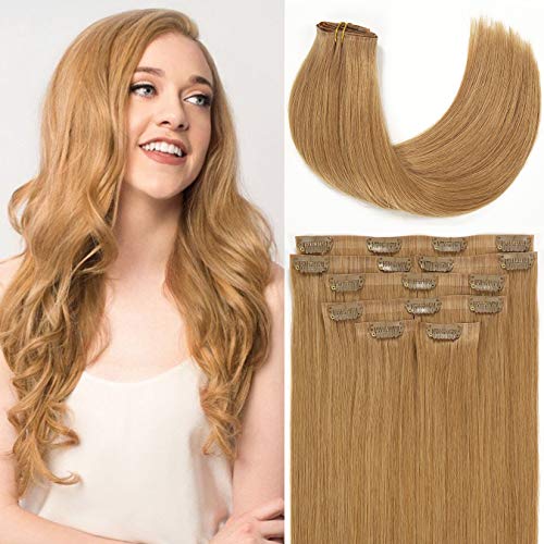 Loxxy Hair Extensions Clip in Human Hair Thick Natural Straight Glam Seamless Clip in Hair Extensions PU Weft With Clips Ultra Invisible Blonde #27 100% Remy Human Hair Full Head 7PCS 110Gram 16Inch