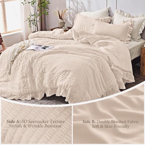 Image of JOLLYVOGUE Beige Queen Comforter Set, 3 Pieces Seersucker Comforters Queen Size, Lightweight & Fluffy Bedding Sets Queen for All Season with 1 Ruffle Comforter and 2 Ruffle Pillowshams