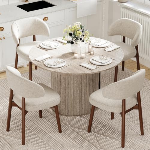 Image of MALOL 47 inch-63 inch Extendable Round to Oval Dining Room Table Chairs Set for 4-8, Modern Wooden Kitchen Table and Chairs with Hidden Storage and Fluted Design for Dining Room /Small Space(White and Beige)