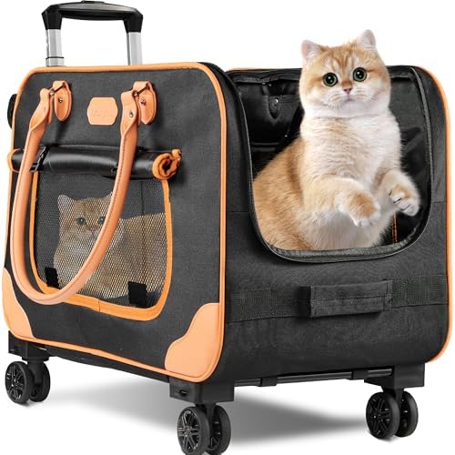 Large Cat Carrier with Wheels, Rolling Cat Carrier, Pet Carrier with Wheels for Large Cats Small Dogs up to 38 LBS, Foldable and Breathable Ideal for Travel, Walking and Camping(NOT for TSA)