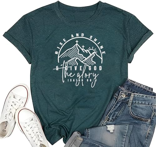 Christian Shirts for Women Unique Rise and Shine Give God The Glory Graphic Print Mountain T Shirt Summer Casual Short Sleeve Crew Neck Faith Tee Tops(Green L)