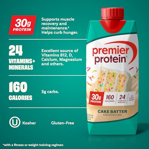 Image of Premier Protein Shake, Cake Batter, 30g Protein, No Added Sugar, 24 Vitamins & Minerals to Support Immune Health, 11 fl oz, 4 Pack