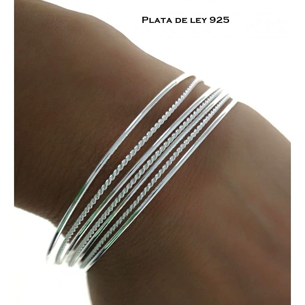 Semanario Pulseras aro Liso y reliado Unidas de Plata de Ley 925 65mm de diámetro Ideales para tí si Eres una Mujer Que Adora Las Joyas Que jamás Pasan de Moda