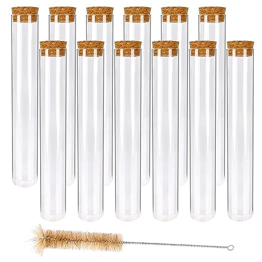 VVS Borosilicate Glass Test Tube with Wooden Cork Stoppers and Brush - Set of 25 (12 test tube, 12 cork and 1 Brush) (18x150) For Lab Laboratory, School, College And Professional use