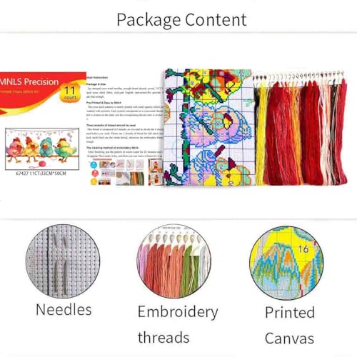 Image of Zhenqing Charming Knitting Chickens Cross Stitch Kit for Beginners - 11CT Printed 12x20inch Aida Cloth, Threads & Needle Included (No Hoop /Scissors)(67427)