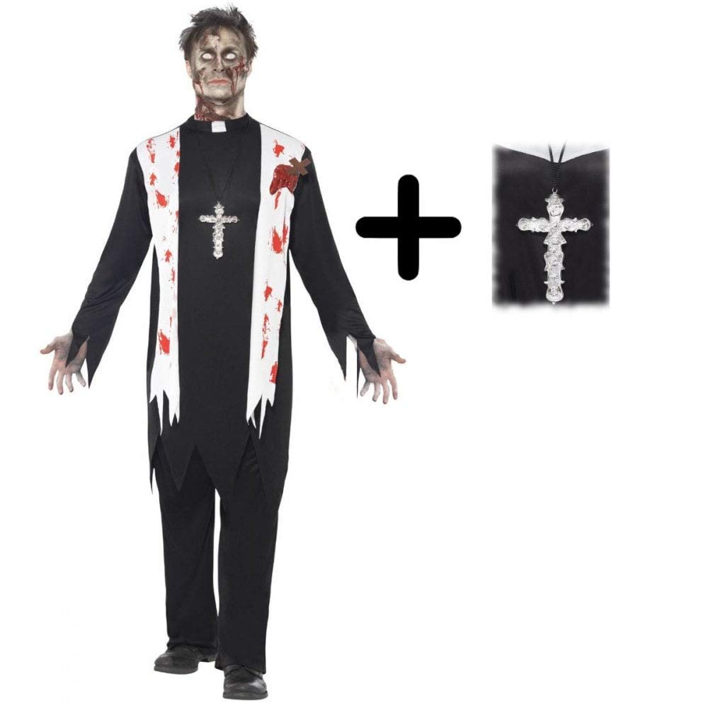 A2ZFD Mens Zombie Priest + Ornate Cross Halloween Costume: Size: