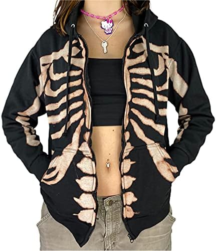 Women's Skull Full Zip Hoodies Y2K Oversized Skeleton Graphic Zip Up Sweatshirt Long Sleeve Hoodie Top Jacket with Pockets (Casual , M )