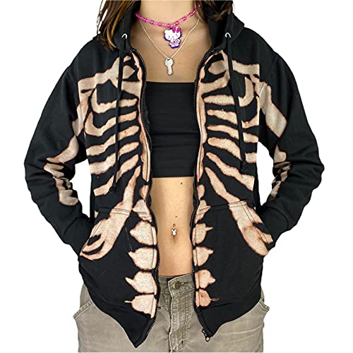 Women's Skull Full Zip Hoodies Y2K Oversized Skeleton Graphic Zip Up Sweatshirt Long Sleeve Hoodie Top Jacket With Pockets (Casual , M ) #TOP3