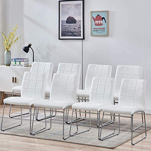 Kitchen Chairs for 8,Comfortable Accent Side Chair with Faux Leather Soft Padded Back in Checkered Pattern,Chrome Legs,Modern Dining Room Chairs Set of 8 for Indoor Use:Home,Apartment(8 White Chairs)