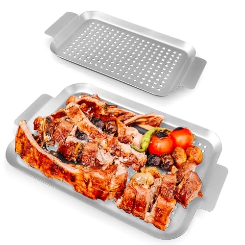 Grill Topper Grilling pans Set of 2, Non-Stick Barbecue Trays, 17" x10" and 13.3"x7.4" Durable Grill Pans with Holes, Metal Topper Baskets for Barbecue & Smoked Meat, Vegetables & Seafood