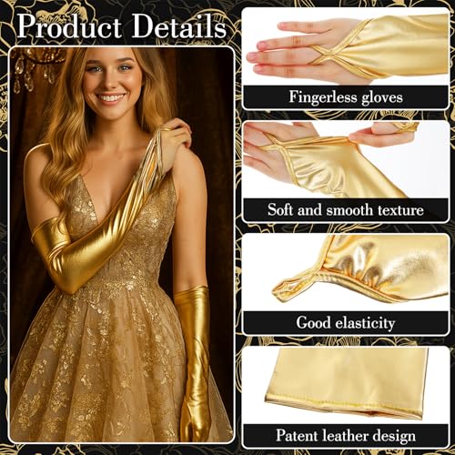 Long Fingerless Gloves, Shiny Gold Gloves Long Elastic Glove Metalic Satin Glovess Opera Elbow Length Glovess Party Rave Costume Glove for Women and Girl4