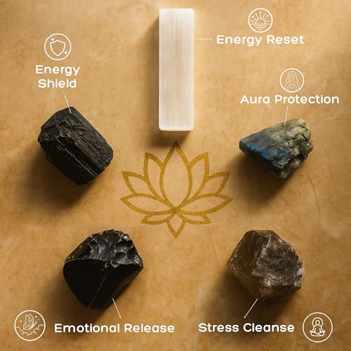 Anima Premium Protection Healing Crystals Set for Energy Shielding - Large Raw Obsidian, Black Tourmaline, Labradorite, Smoky Quartz & Selenite Bar - Wooden Gift Box and Guide Booklet Included - Image 4