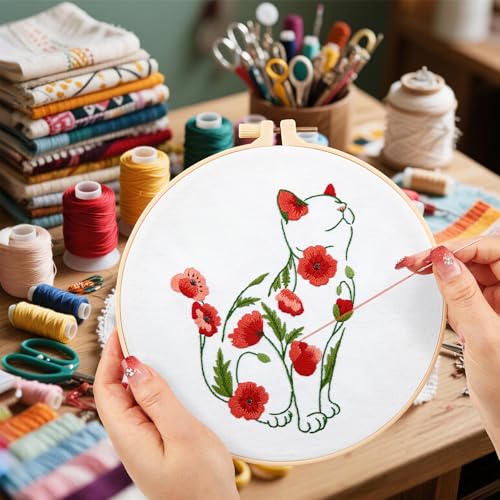 Image of Crafmanoe Cat Embroidery Kits for Beginners Adults, Flowers Embroidery Starter Kits, Counted Cross Stitch Kits for Beginners Adults Hobbies Set for Women, Embroidery Hoops, Thread and Video Tutorial
