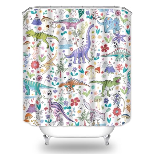 Image of Dinosaur Shower Curtain Cartoon Funny Dino for Kids Boys Trex Mushroom Plant Leaf Flowers Colorful Bathroom Decor Waterproof Polyester Fabric 72Lx72W Inch with Hooks