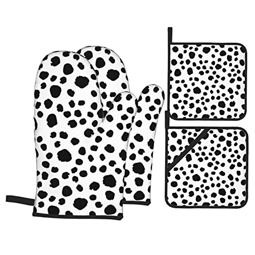Black Dots Oven Mitts And Pot Holders Sets, Non-Slip Heat Resistant Gloves Potholders Pot Pads For Kitchen Cooking Baking Grilling Bbq(4-Piece Set) #TOP13