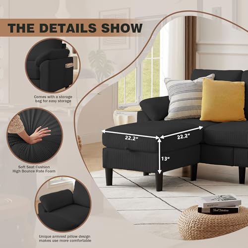 Image of 80''L Shaped Sectional Sofa Couch, 3 Seater Corduroy Sofa with Storage Ottoman, Removable & Washable Cushion Covers, Side Pockets, Modern L Couch for Living Room, Black