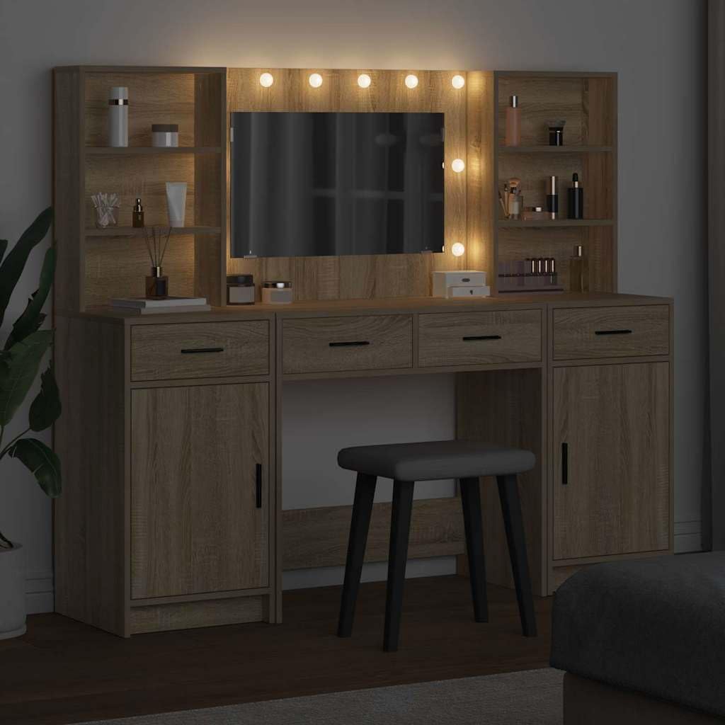 Schminktischset mit LED 3 pcs Sonoma-Eiche Holzwerkstoff, 158,5 x 41 x 135 cm, 4 Schubladen, Acrylspiegel, LED-Beleuchtung, USB-Anschluss, modernes Schlafzimmer, Stauraum und Organisation