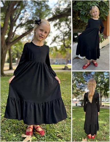 Image of Arshiner Girls Maxi Dresses Lantern Long Sleeve Casual Holiday Dress with Pockets for 5-14 Y