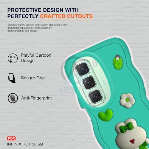 Image of AESTMO Back Case Cover for Infinix Hot 50 5G | 3D Cute Fun Cartoon Characters | Anti Slip Grip Cute Wave Curly Frame Shape | Full Body Protection Back Cover for Infinix Hot 50 5G (MintGreen)