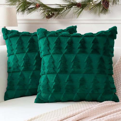 Artscope Set of 2 Xmas Soft Plush Short Wool Velvet Decorative Cushion Covers 30x30cm Square Luxury Style Throw Pillow Covers Pillow Shell for Sofa Bedroom Christmas Tree Green