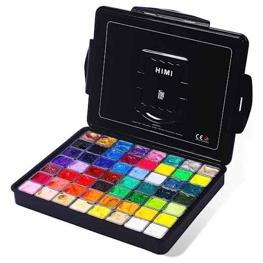 ARTFLY HIMI pintura Gouache/acualera, con 56 colores de tamaño 30 ml, incluidos 8 colores metálicos y 6 de Neón, diseñadas como copa de gelatina, colocadas en estuche portátil