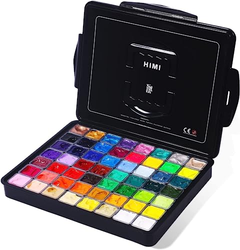 HIMI Set de peinture gouache, 56 couleurs x 30ml dont 8 couleurs métalliques et 6 couleurs néons, design unique en forme de coupe gélifiée dans un étui...