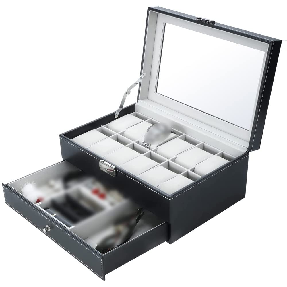 QTYQWC Aufbewahrungsbox für Uhren mit 12 Fächern, Leder, abschließbar, für Damen und Herren, Schmuck-Schublade, 2 Böden, Organizer für Uhren (D 1 Stück)