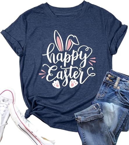 Image of Women Happy Easter T Shirt Bunny Rabbit Graphic T-Shirt Funny Letter Printed Shirts Short Sleeve Tops