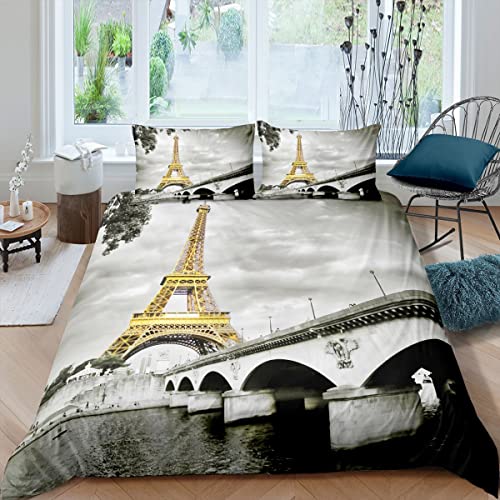 Paris Bettwäsche Set 135x200 Gold Eiffelturm Trösterbezug Vintage Romantische Stadtgebäude Bettbezug Für Kinder Jugendliche Erwachsene Graue Brücke Stadtbild Bettbezug Mit 1 Kissenbezug Cover