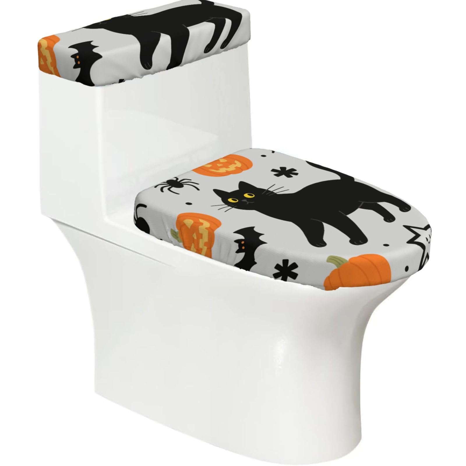 FekiLoot Halloween Black Cat Toilet Lid Cover and Toilet Tank Cover Set of 2,Dust Splash Resistant Toilet Top Covers Soft Washable Toilet Lid Seat Cover for Bathroom Office Home Decor