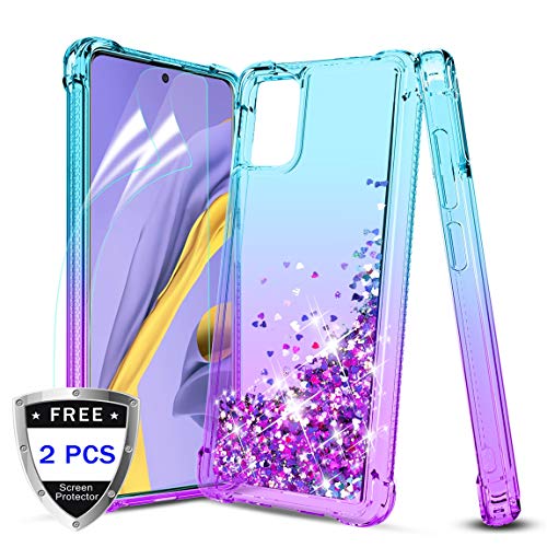 Tmacker Samsung Galaxy A51 Case(2020 4G) w/ Soft 2 HD Screen Protector,TPU Glitter Quicksand Shockproof Protective Phone Case for Girls Women-Teal/Purple
