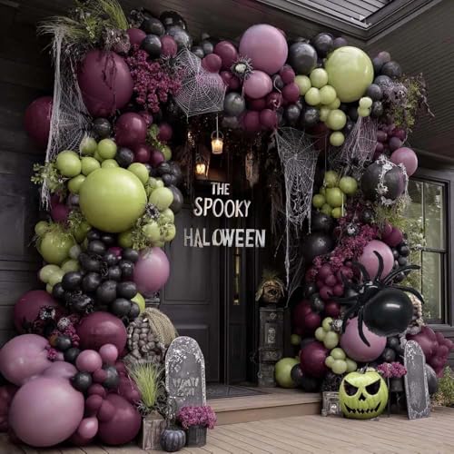 Halloween Balloon Garland Arch Kit with Foil Spider, Double Stuffed Dusty Purple Plum Green Black Balloon for Birthday Spooky Wicked Boo Scary Party Decoration