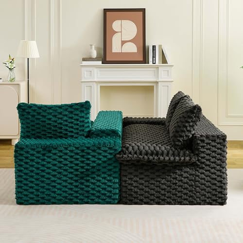 Image of KEIKI 120 inch Modular Boneless Couch Full Chaise for Bedroom, 4-Seater Sectional Couches for Living Room Furniture, Deep Seat Fluffy Soft Sofa Bed for Studio Apartment Room Pet Friendly, Black Green