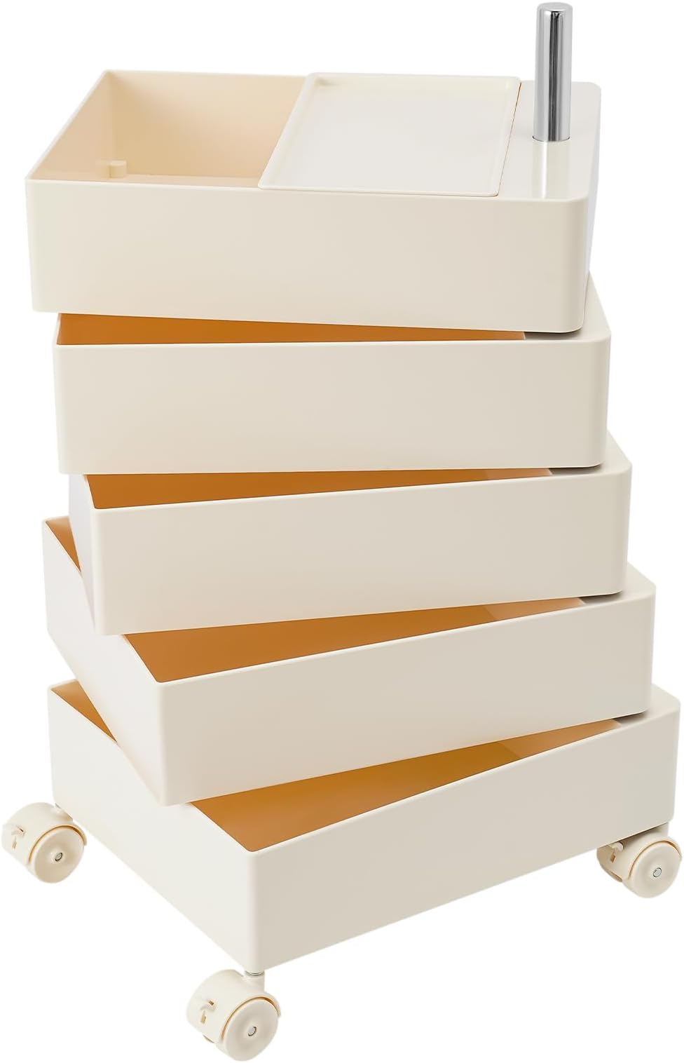 360° Rotating Side Table with 5 Drawers, Mobile Storage Cabinet Bedside Table with 4 Universal Casters Movable Storage End Table Sofa Side Cabinet for Living Room Bedroom Office (White)