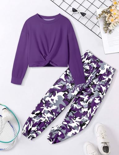 Image of NECIOUS Girls Fall Outfits 2 Piece Fashion Twist Front Pullover Sweatshirt and Camo Pants Clothing Sets 5-14Y