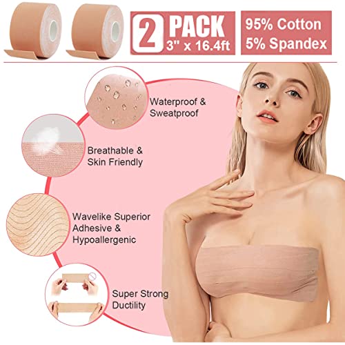 2 Rolls Boob Tape Boobytape For Breast Lift, 3'' Wide Bob Tape For Large Breast A-G Cup, Breathable Push Up Boobtape Breast Lift Tape, Waterproof & Sweatproof Body Tape With 2-Pair Reusable Silicone Breast Petals Backless Nipple Cover #TOP2