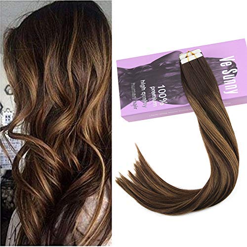 VeSunny Balayage Hair Extensions Tape in Extensions 20inch #2 Darkest Brown Fading to #6 Light Brown Highlights Real Hair Tape in Hair Extensions Skin Weft Hair 20pcs 50Gram