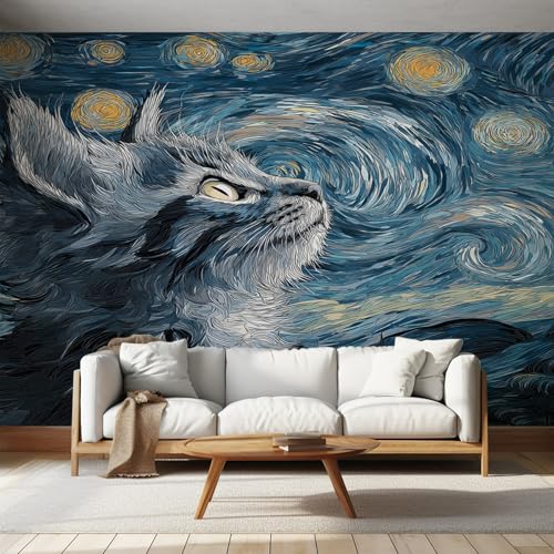 Genérico Papel Pintado Pared Gato Papel Pintado Pared Dormitorio Gatito Noche Estrellada, Salon Tejido No Tejido Decoración del Hogar 450x315 W&2