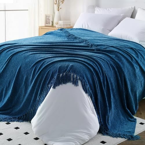 KASENTEX Chenille Bed Blanket Queen Size,Navy Blue Throw Blanket ...