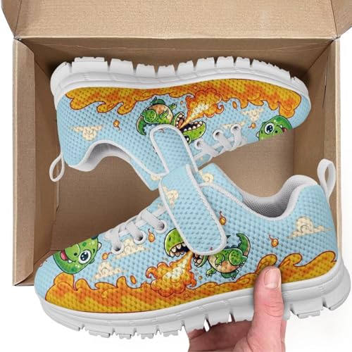 Kids Shoes Running Shoes Girls Boys Primary School Students Sports Shoes Spring and Autumn Casual Shoes Cartoon Dinosaur Fire Pattern White Sole2