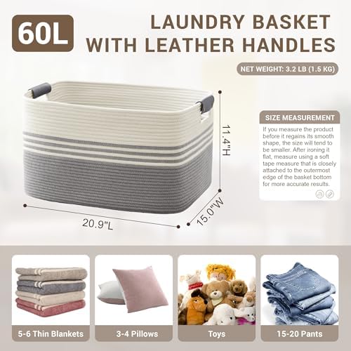 SunNewt 60L Woven Laundry Basket Hamper with Leather Handles,Grey