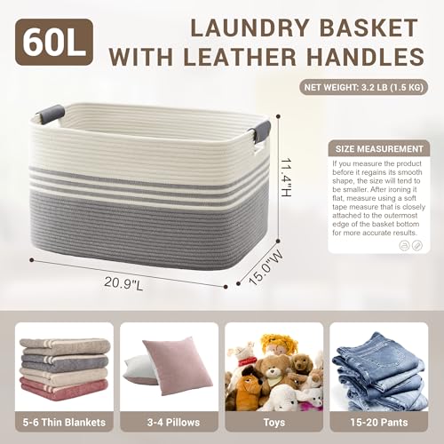 SunNewt 60L Woven Laundry Basket Hamper with Leather Handles,Grey